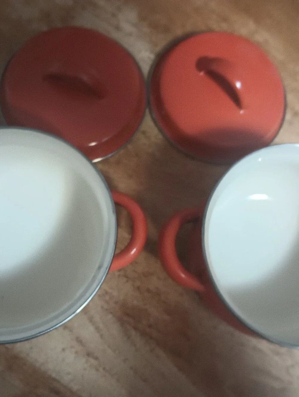 2 Mini Enamel Pots/Bowls With Lids. Orange